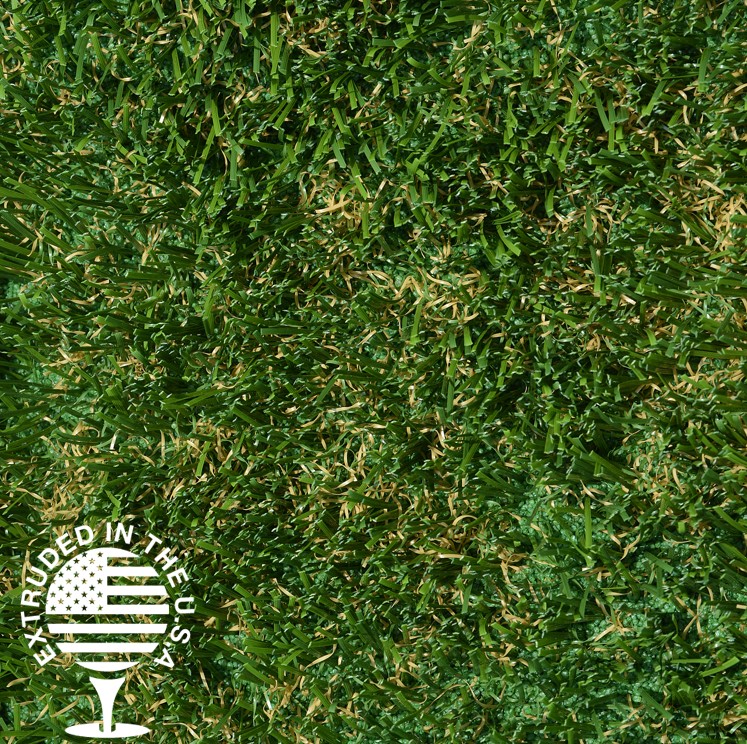 A close up image of artificial grass that is green with some brown. A close up image of artificial grass that is green with some brown.